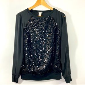 Cache Open Sleeve Black Sequin Blouse, Size Small